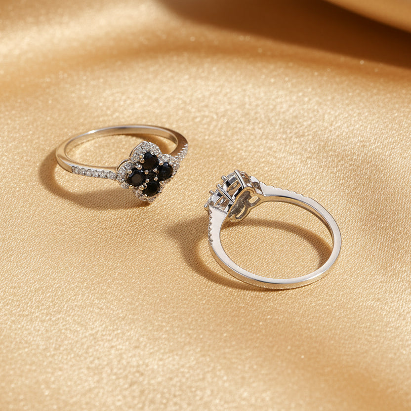 Bague Moissanite Fleurs de Lune - black and white moissanite flat