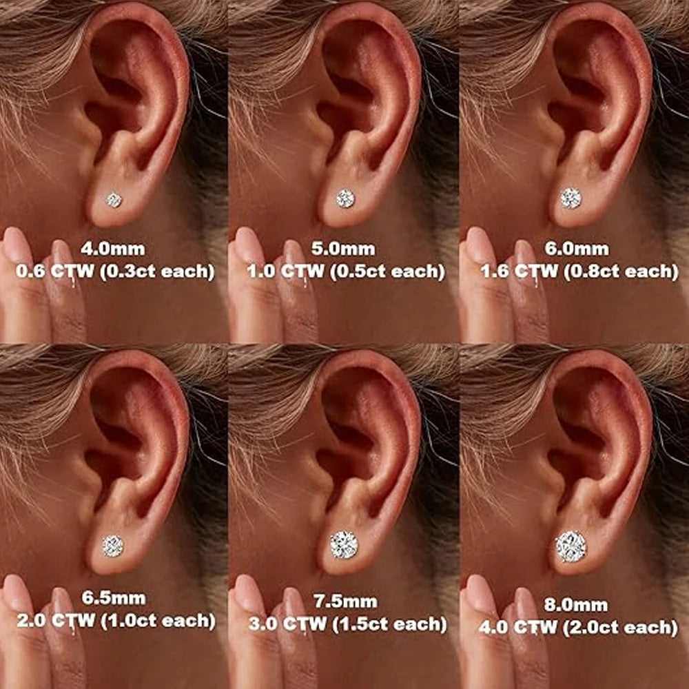 moissanite white gold studs earrings 18k on the model different sizes carat